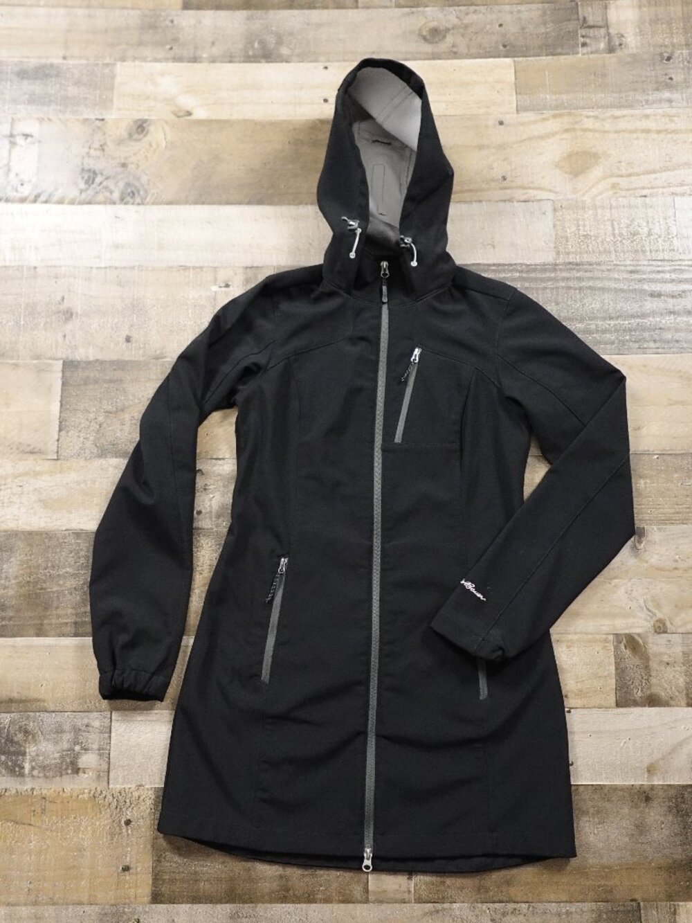 Eddie Bauer Softshell Hooded Coat Women’s XS Black Longline Outdoor Jacket